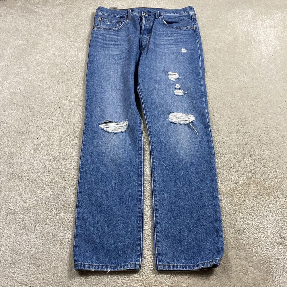 Levis 501 Jeans Women 31x30 Blue Button Fly Straight Leg Distressed Denim Medium